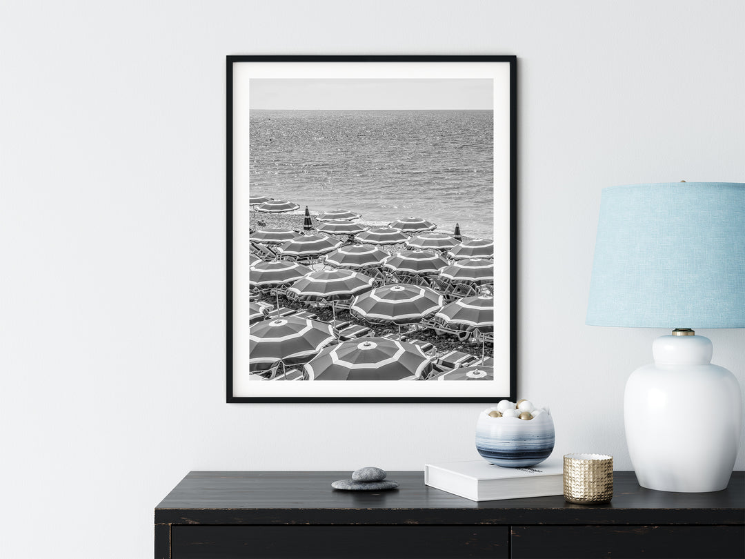 French Riviera Beach Umbrellas | Black and White Fine Art Photography Print